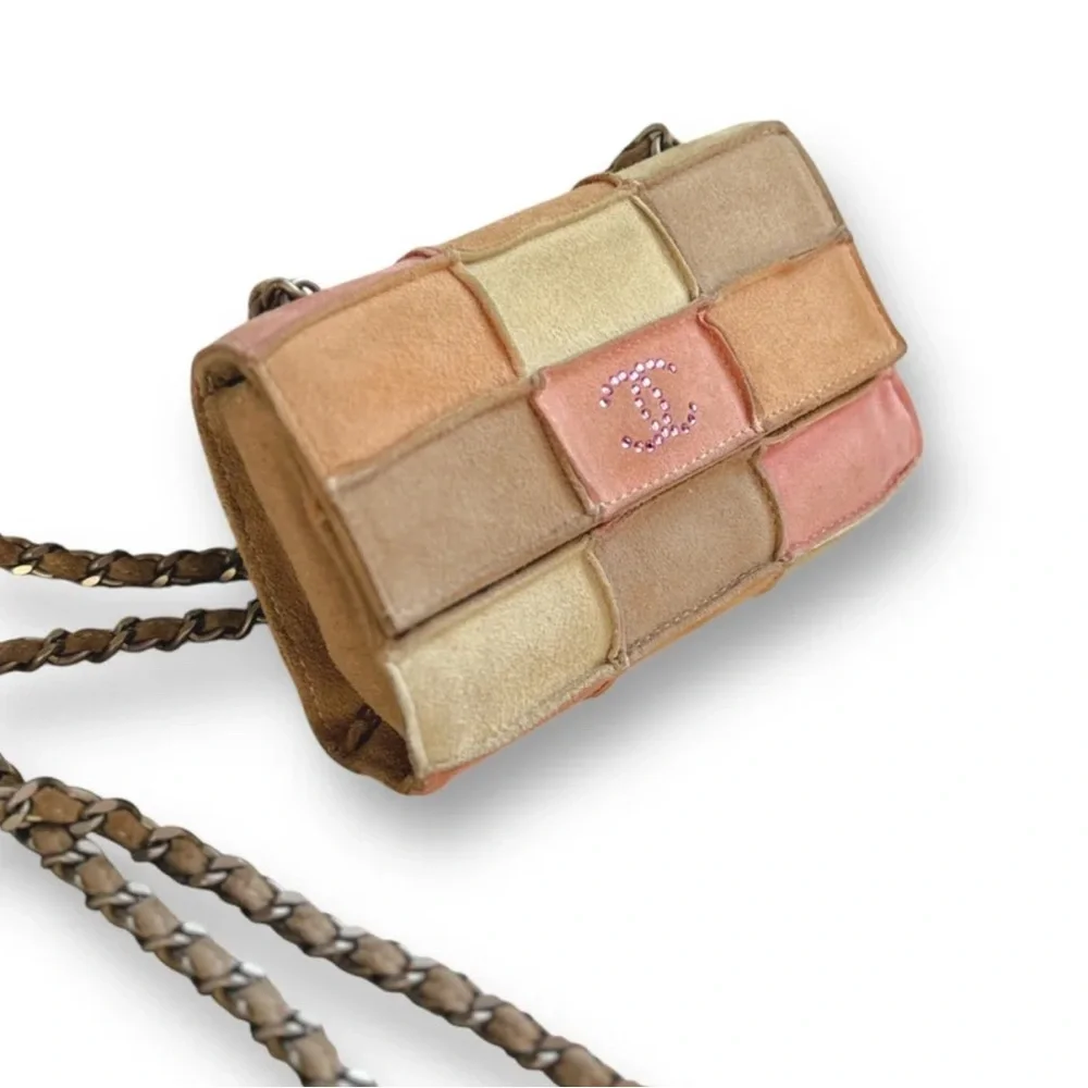 AUTH CHANEL PATCHWORK SUEDE MINI BAG CRYSTAL CC SILVER CHAIN RARE VINTAGE BOHO - Picture 12 of 17